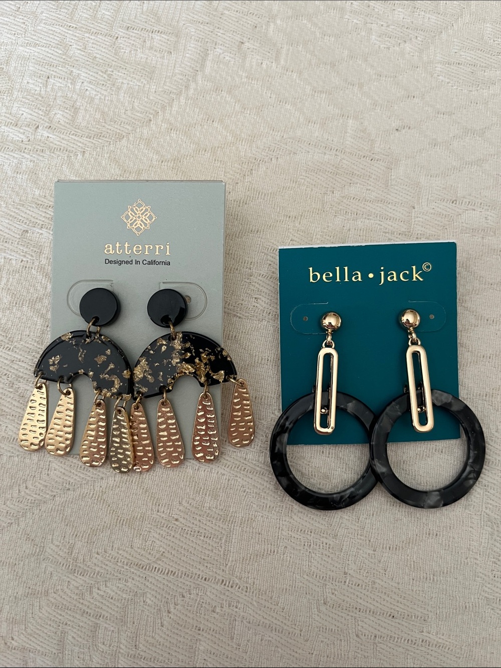 2 pair new pierced post drop earrings-Black & gold and navy & gold